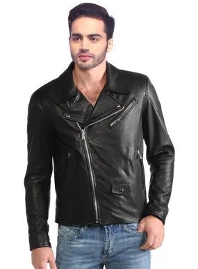 Men Washed Vintage Lamb MotorCycle Biker Jacket