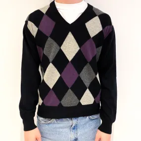 Men's Black Diamond Patterned Cashmere V-Neck Jumper Large
