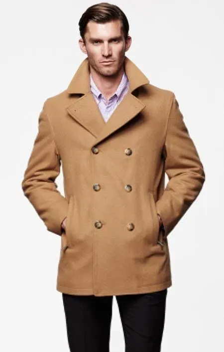 Mens Peacoat Peacoat For Men Tan Six Button Wool Fabric Big And Tall Men's Peacoat