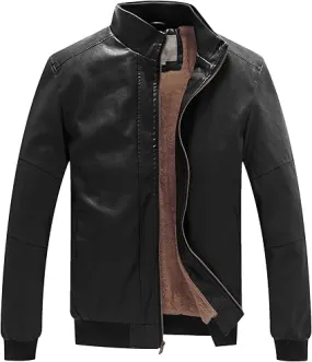 MEN'S STAND COLLAR FLEECE LINED BOMBER LEATHER JACKET - MEN SLIM FIT LEATHER JACKET