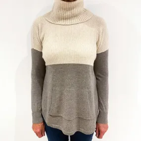 Mink Brown and Oatmeal Colour Block Cashmere Polo Neck Jumper Medium