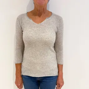 Mist Grey Stripe Cashmere V-Neck Jumper Medium