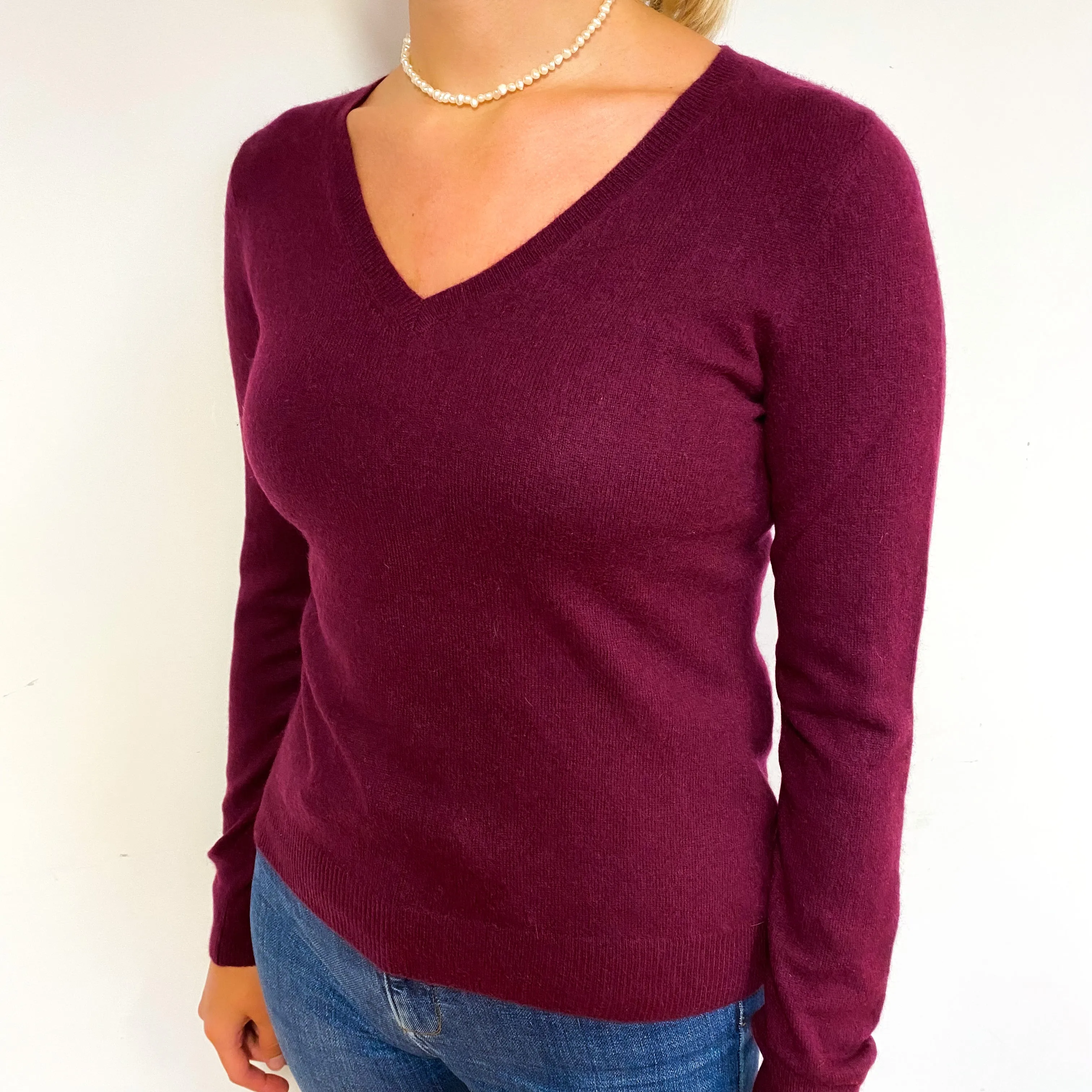 Mulberry Purple Cashmere V-Neck Jumper Small