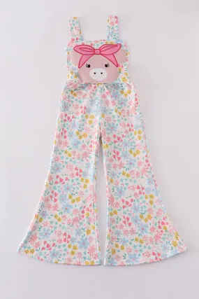 Pink floral pig applique jumpsuit