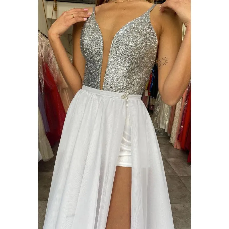 Plunging V-neck Sequins High Split Long Prom Dress with Detachable Train