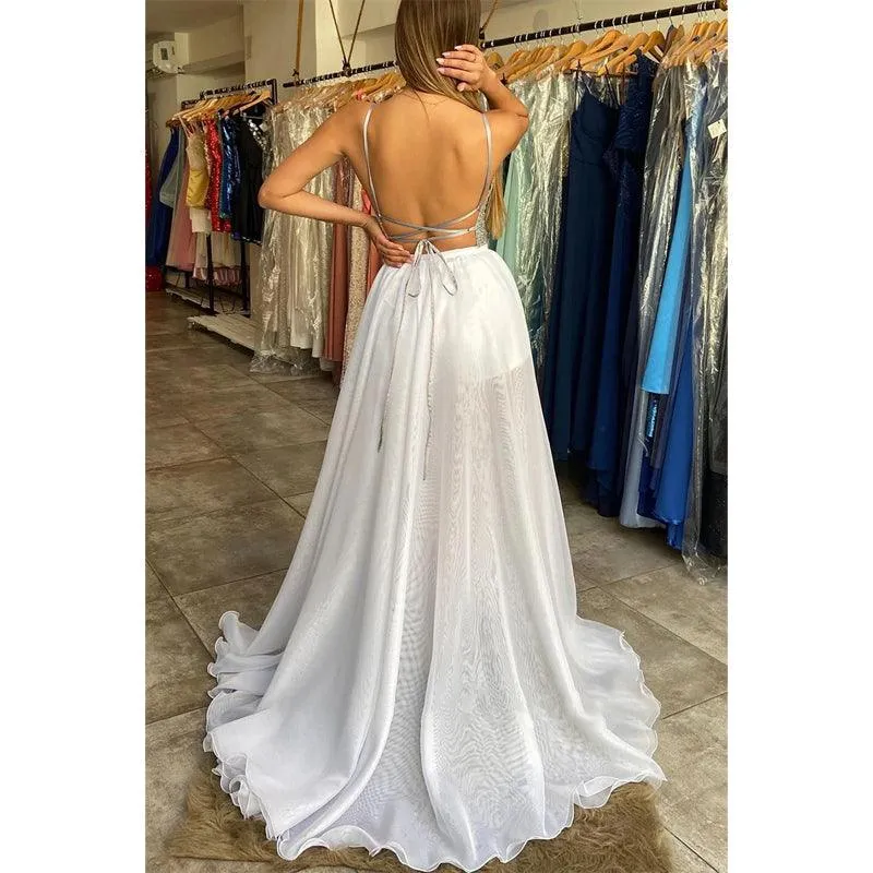 Plunging V-neck Sequins High Split Long Prom Dress with Detachable Train