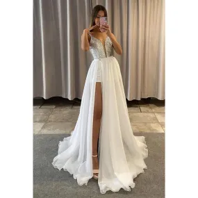 Plunging V-neck Sequins High Split Long Prom Dress with Detachable Train