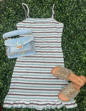 Sage Blue & Black Striped Mini Dress