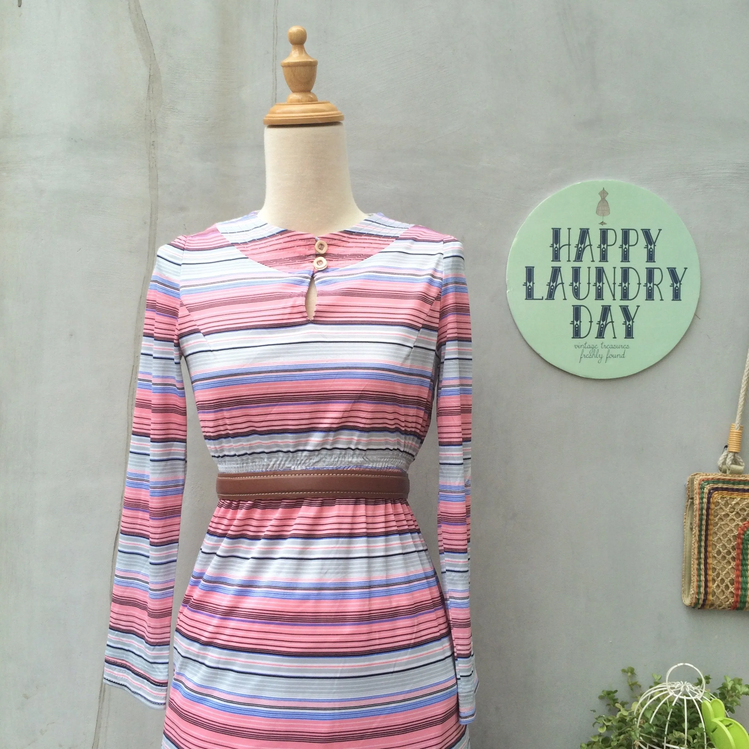 SALE! | Pink Panther | Happy pink blue white stripes 1960s keyhole Long sleeve dress