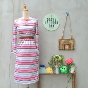 SALE! | Pink Panther | Happy pink blue white stripes 1960s keyhole Long sleeve dress