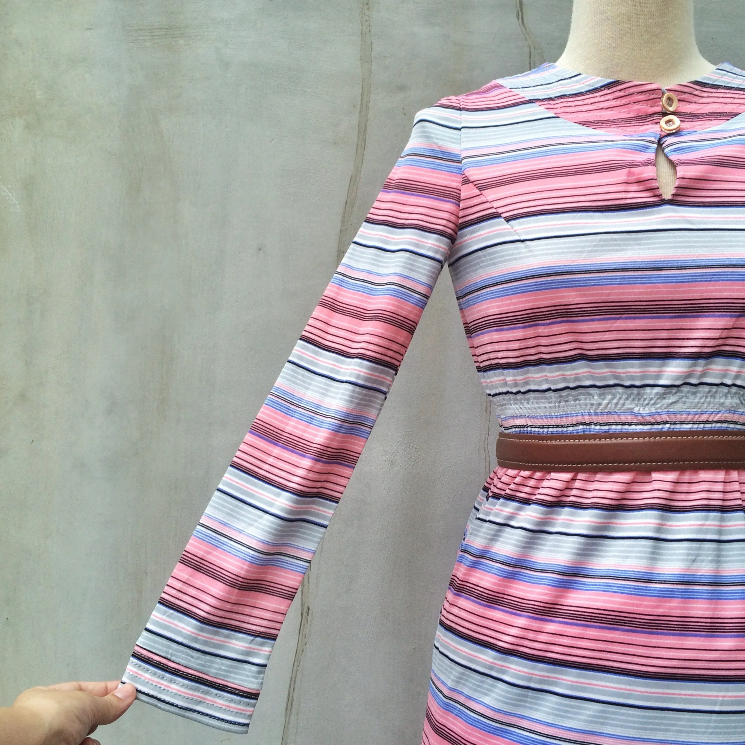 SALE! | Pink Panther | Happy pink blue white stripes 1960s keyhole Long sleeve dress