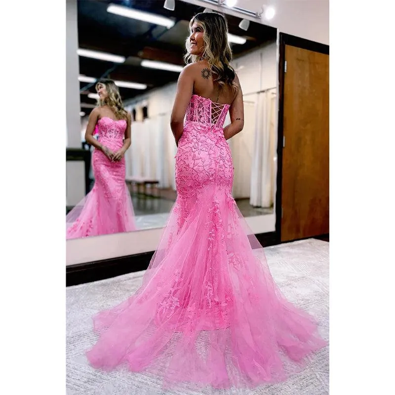 Sheath Sweetheart Lace Appliques Long Senior Prom Dress