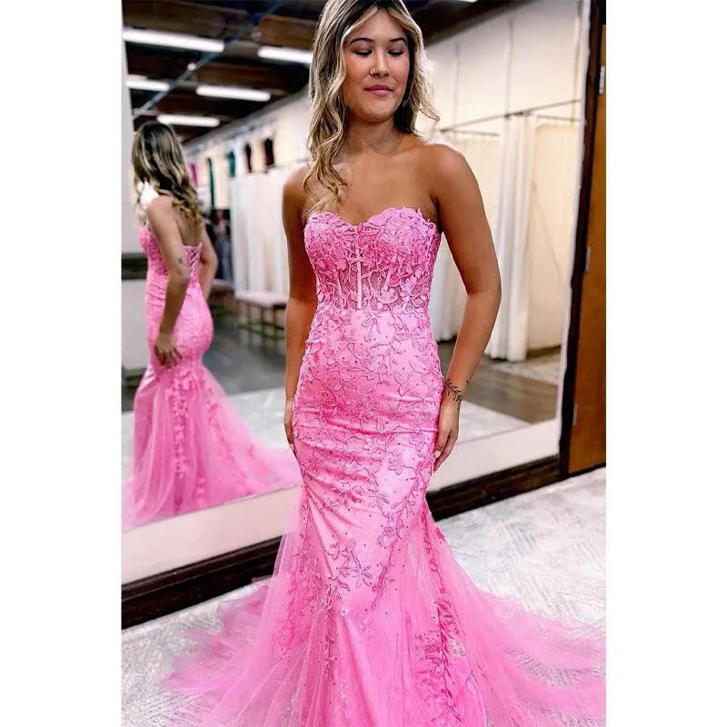 Sheath Sweetheart Lace Appliques Long Senior Prom Dress
