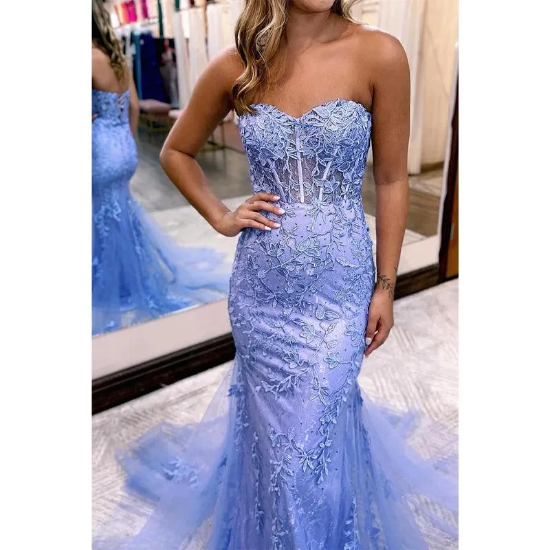 Sheath Sweetheart Lace Appliques Long Senior Prom Dress