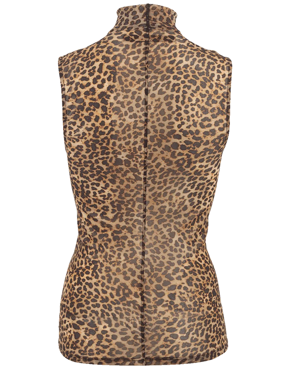 Sleeveless Leopard Print Mesh Turtleneck