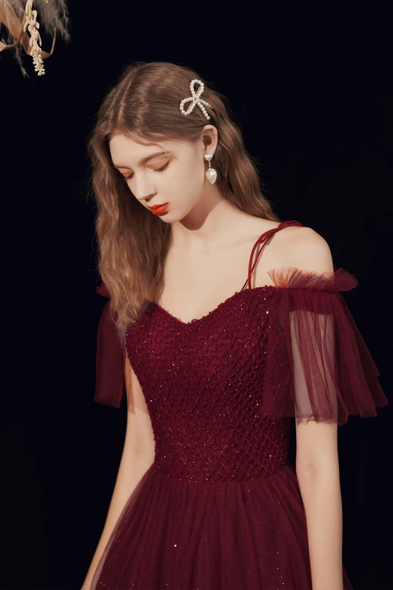 Spaghetti Straps Tulle Long Prom Dress with Beaded, Burgundy A-Line Party Dress