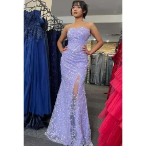 Strapless Appliqued Beaded Sheath Long Prom Gown With Slit
