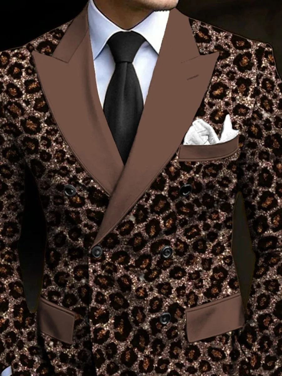 Stylish Sequined Leopard Print Double Breasted Blazer