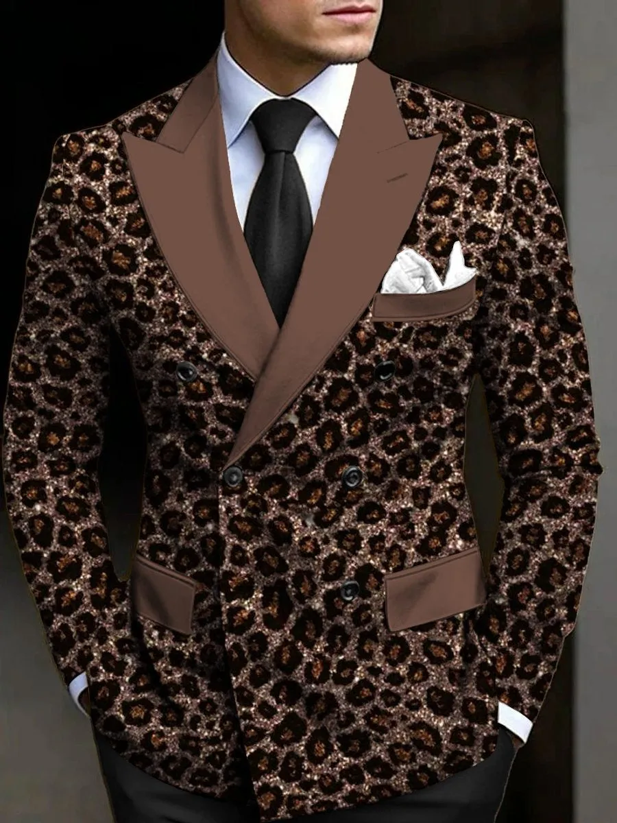 Stylish Sequined Leopard Print Double Breasted Blazer