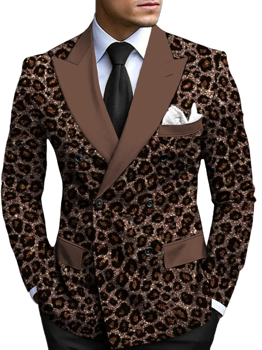 Stylish Sequined Leopard Print Double Breasted Blazer