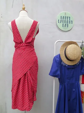 Switcheroo | Vintage 1980s 1990s Red white polka dot Sheath dress with Artistic scarf-ties