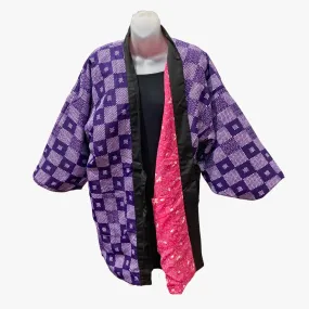 Traditional Japanese reversible Hanten coat - Purple square design and pink with sakura pattern