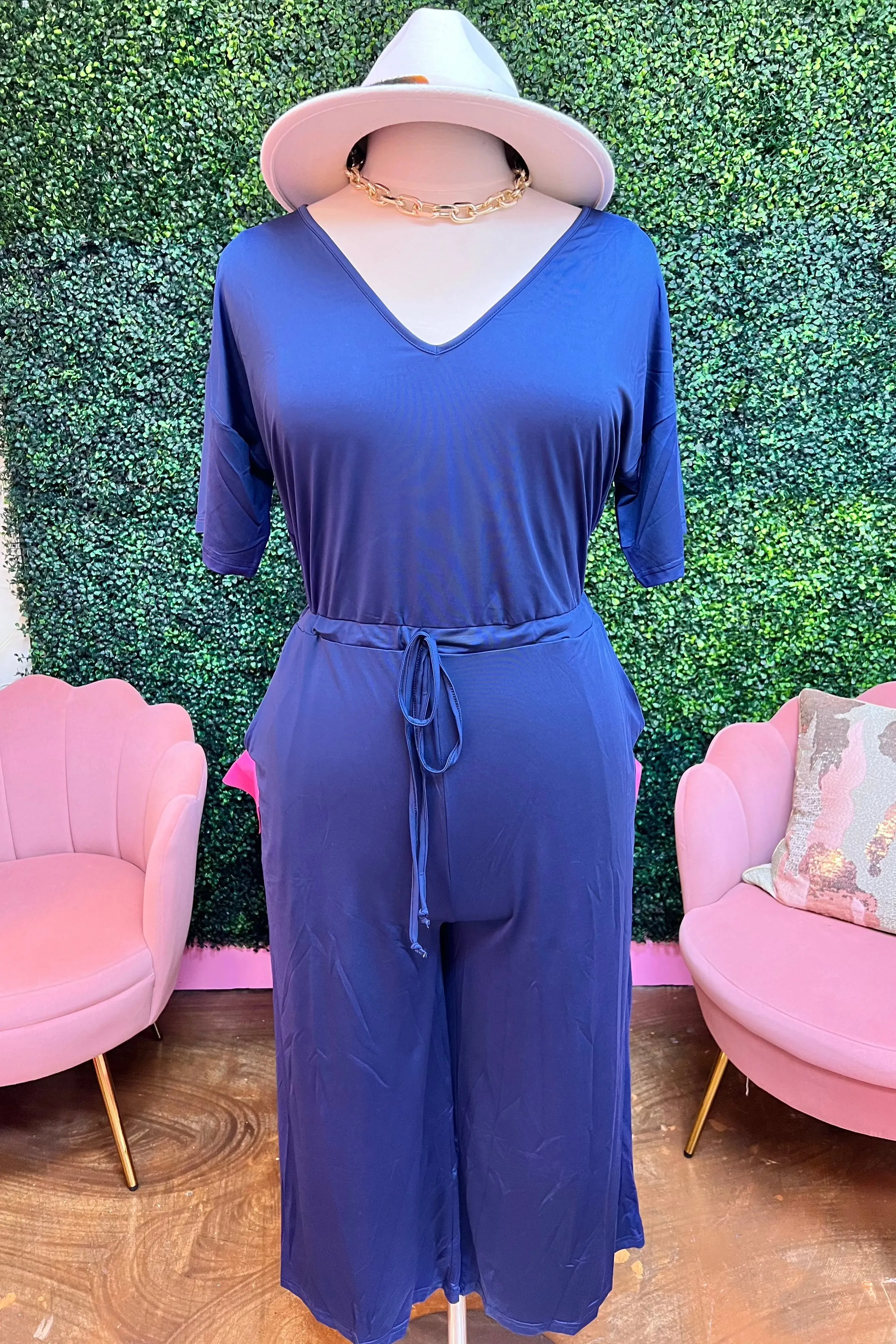 V Neck Jumpsuit with pockets (Curvy)