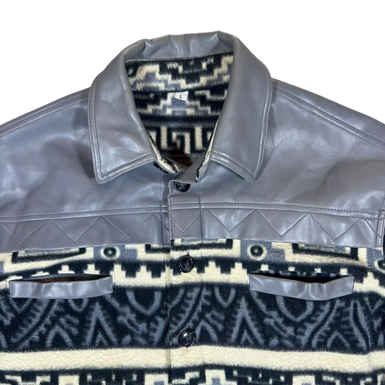 Vintage Faux Leather Effect Panel Patterned Fleece Button Jacket