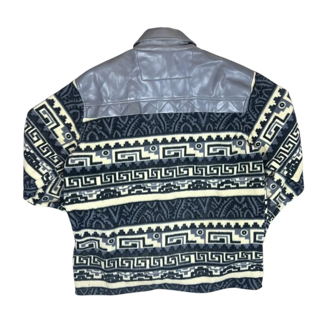 Vintage Faux Leather Effect Panel Patterned Fleece Button Jacket