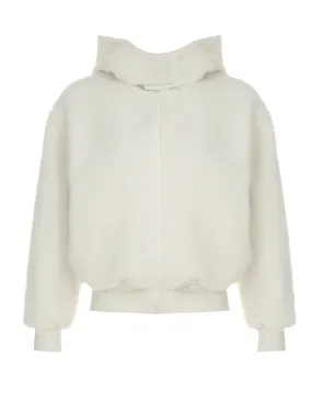 White Fleece Buckle Hooded Front Zip-Up Ruched Trim Jacket