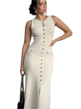 Women's Knitted Sleeveless Maxi Dress with High Slit – Elegant Apricot Button-Up Round Neck Skinny Party Dress for Winter